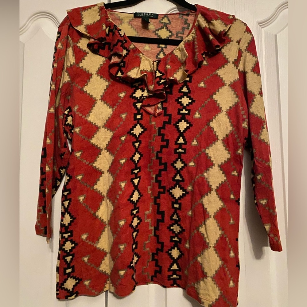 Ralph Lauren Red and Cream Geometric Blouse